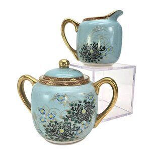 Vintage Porcelain Floral Teal & Gold Sugar Bowl & Creamer Set Asian blue JE315